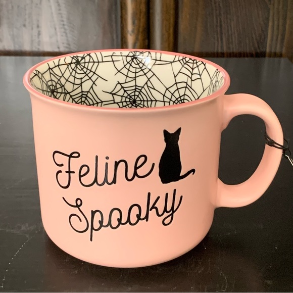 Feline Spooky Black Cat - Pink Halloween Mug with Spider Web Interior - Picture 2 of 13